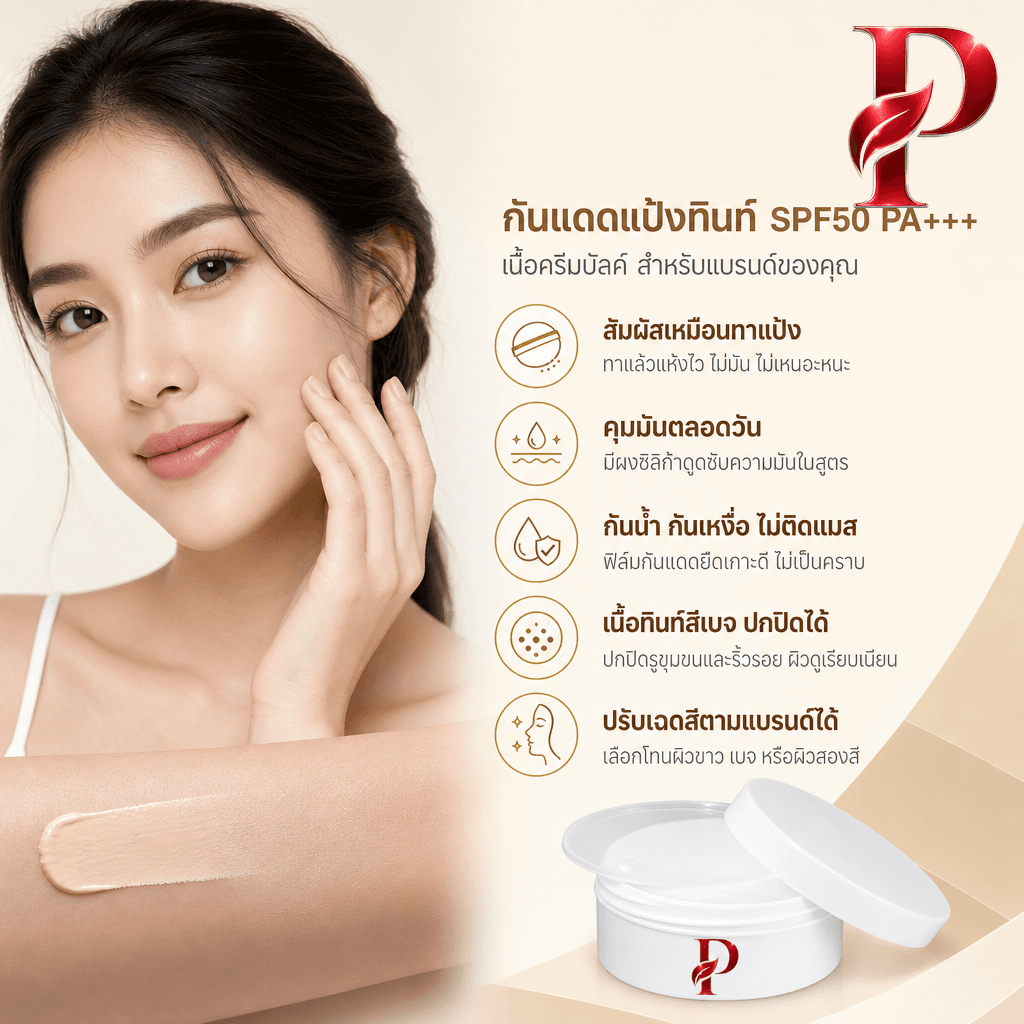 เนื้อครีมกันแดดแป้งทินท์ SPF50 PA+++ กันน้ำกันเหงื่อ ไม่ติดแมส (ขายเนื้อบัลค์ / รับผลิตในแบรนด์คุณ) รูปที่ 3