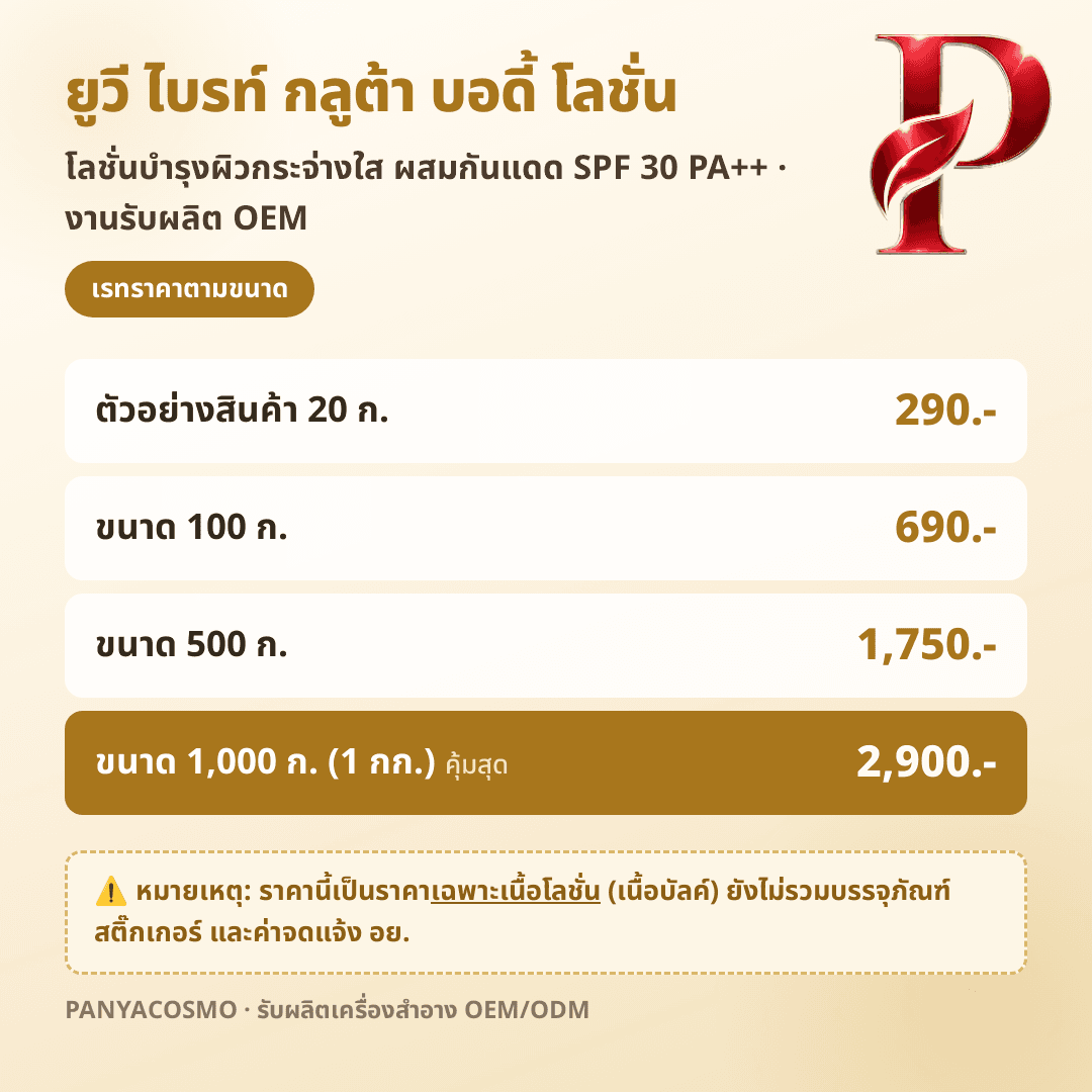 เนื้อโลชั่นกันแดดผสมกลูต้า SPF 30 PA++ ยูวี ไบรท์ กลูต้า บอดี้ โลชั่น (ขายเนื้อบัลค์ / รับผลิตในแบรนด์คุณ) รูปที่ 8