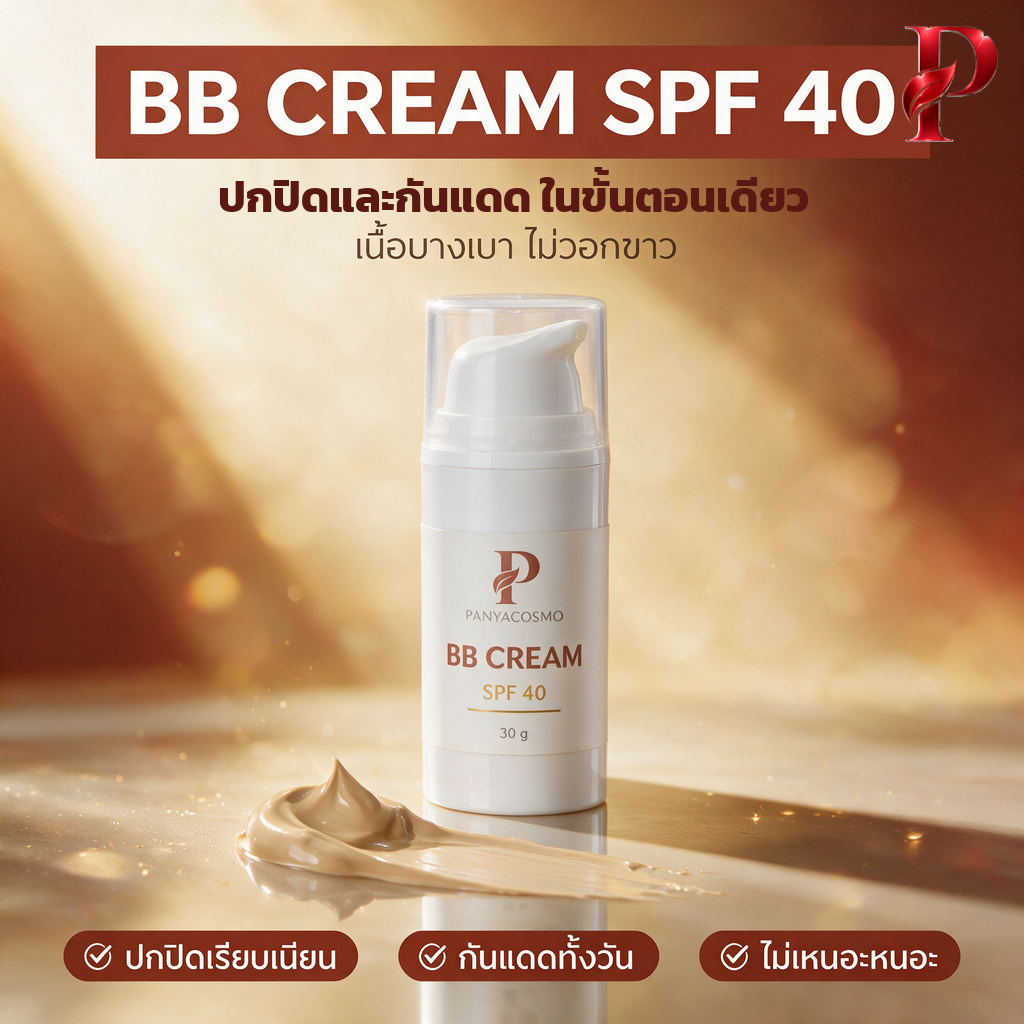 บีบีครีมกันแดด SPF 40 เนื้อเบจธรรมชาติ ขนาด 15 / 30 ก. (พร้อมบรรจุขวดปั๊มสุญญากาศ / รับผลิตในแบรนด์คุณ)