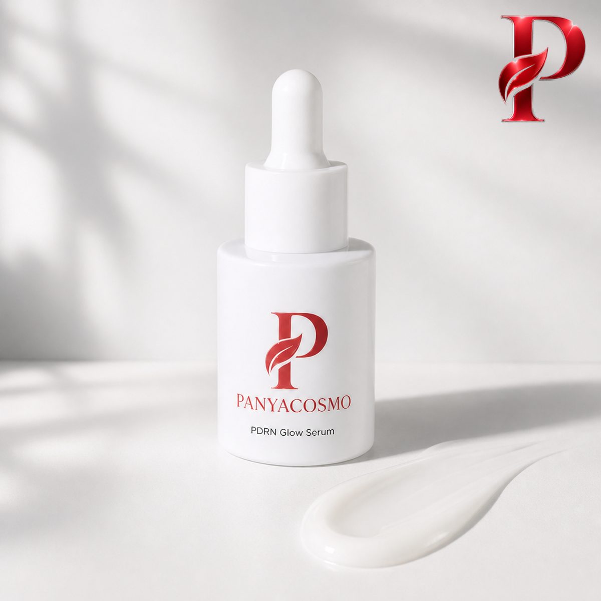 เซรั่ม PDRN Glow Serum PANYACOSMO ขวดขาวพร้อมเนื้อเซรั่มสีขาวน้ำนม