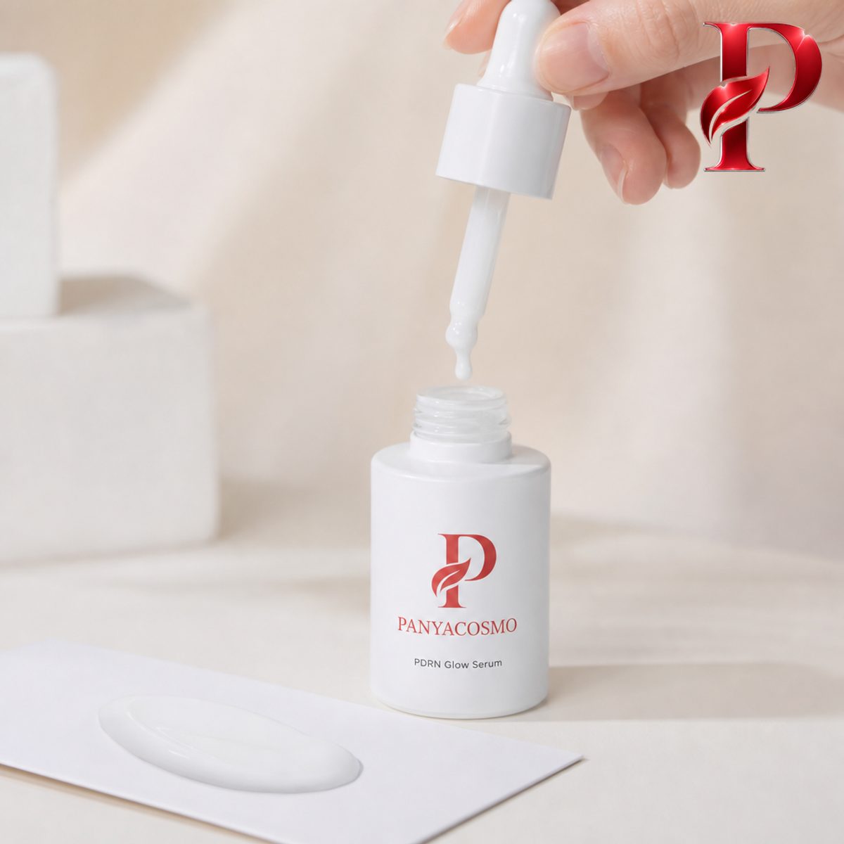 เนื้อเซรั่ม PDRN สีขาวน้ำนม หยดจากดรอปเปอร์ลงขวด