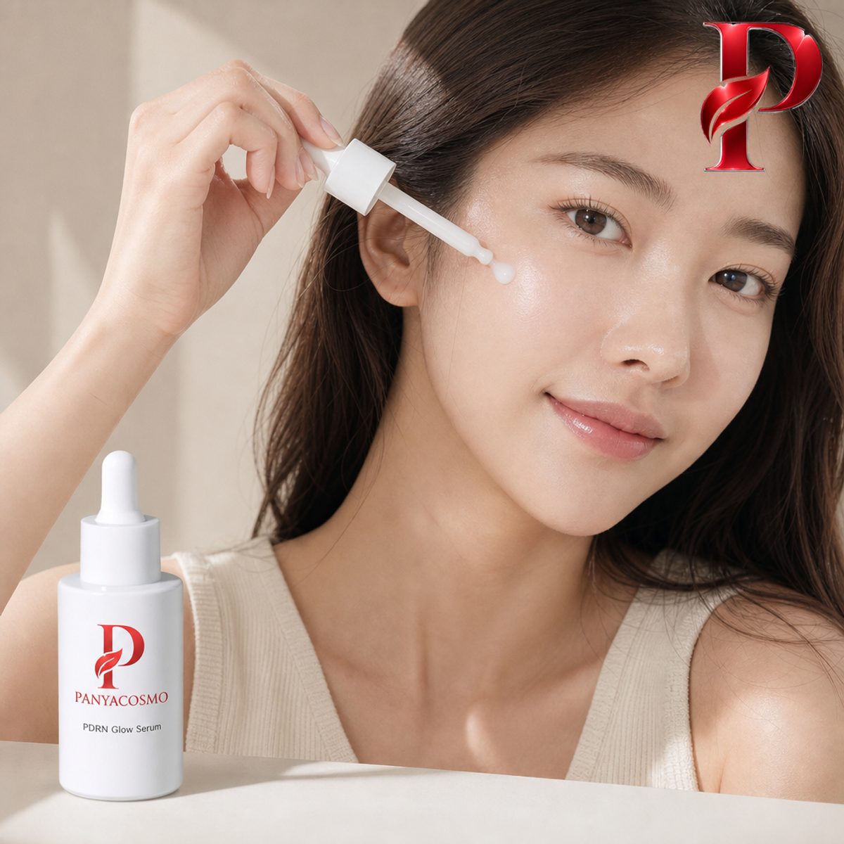 สาวผิวโกลว์ใช้เซรั่ม PDRN บำรุงผิวหน้า พร้อมขวดเซรั่ม PANYACOSMO