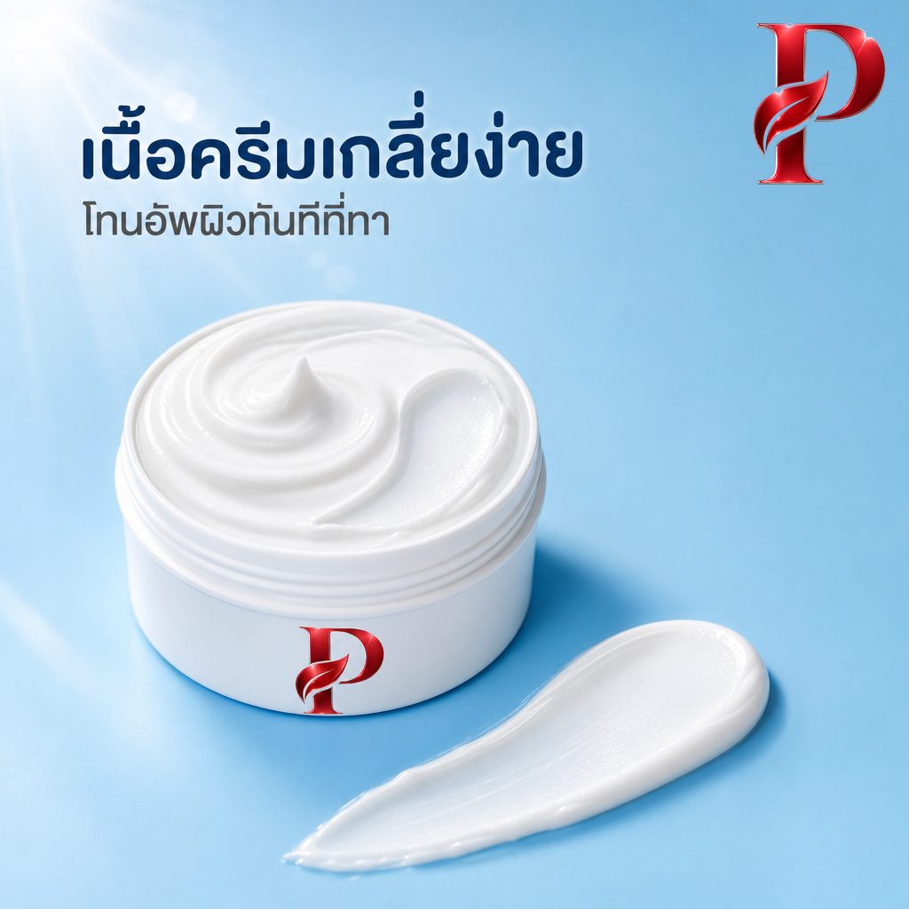 เนื้อครีมกันแดดโทนอัพสีขาวในกระปุก เกลี่ยง่ายไม่วอก