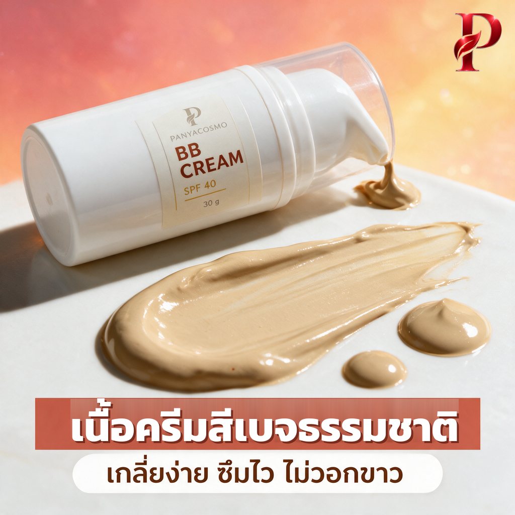 เนื้อบีบีครีมสีเบจธรรมชาติ เกลี่ยง่าย ไม่วอกขาว